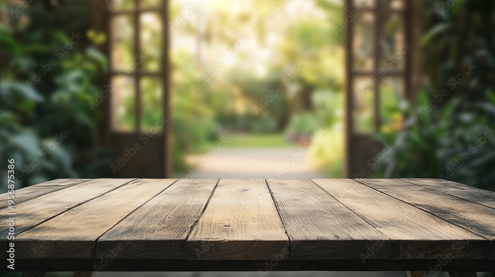 Empty wooden table top with blurred green garden open door background for product display Empty wooden table top with blurred green garden open door background for product display