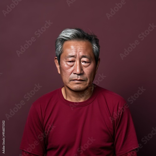 Maroon background sad Asian man. Portrait of older mid-aged person beautiful bad mood expression boy Isolated on Background depression anxiety fear 