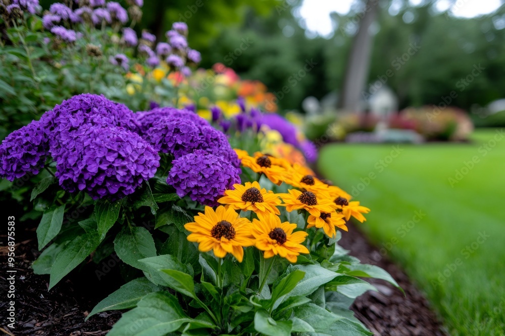 Obraz premium Flowering shrubs, garden borders, seasonal bursts of color define the edges of natureâ€™s canvas