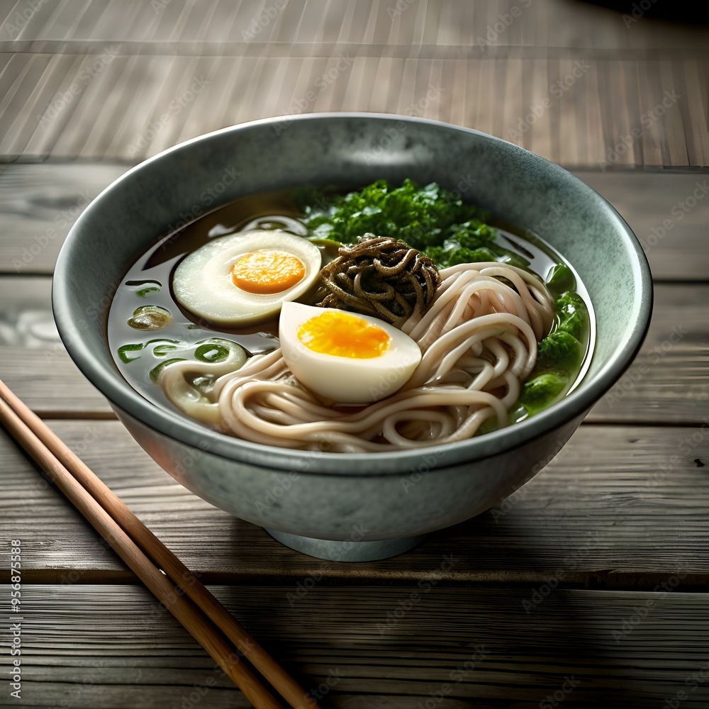 A mouthwatering bowl of ramen. complete with noodles. broth. egg. and green vegetables. captured in a 3D illustration. A mouthwatering bowl of ramen. complete with noodles. broth. egg. and green vegetables. captured in a 3D illustration.