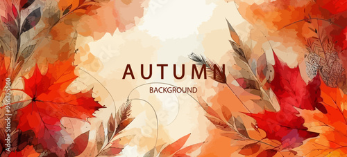 Autumn background with watercolor falling leaves . Abstract art autumn minimalistic background with brush texture and flying maple leaves.. Hand-painted natural art with fall leaves. Autumn border .