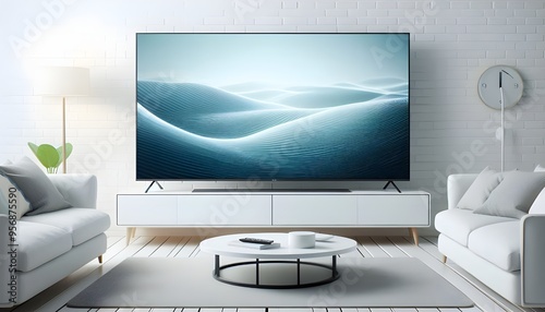 white living room with smart tv  – Generative AI