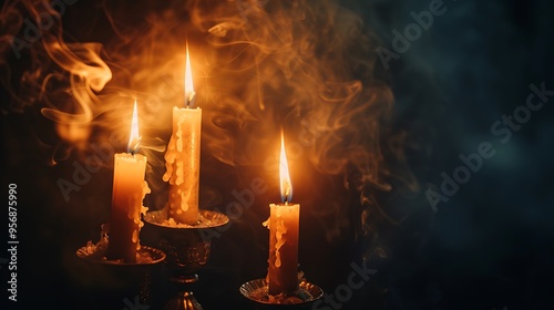 Three Burning Candles With Smoke on a Dark Background