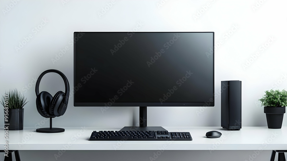 Monitor and headset with Stay Focused text isolated on white background concept as Camera movement Highlight the monitor and headset focusing on tools for concentration. Scene Clean modern setup with Monitor and headset with Stay Focused text isolated on white background concept as Camera movement Highlight the monitor and headset focusing on tools for concentration. Scene Clean modern setup with