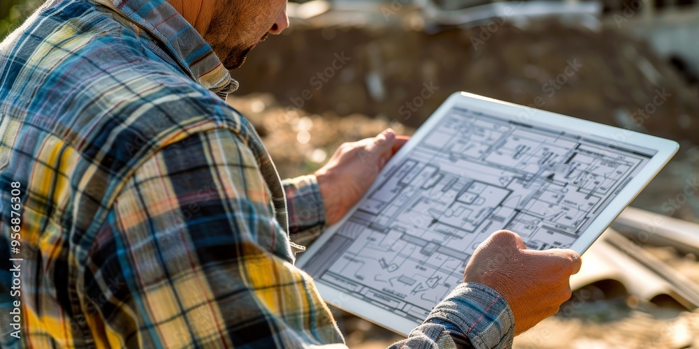 Naklejka premium A commercial real estate developer reviewing blueprints and construction plans on a tablet