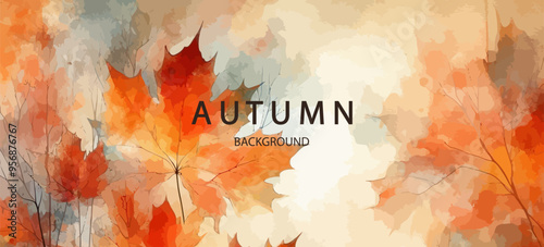 Autumn background with watercolor falling leaves . Abstract art autumn minimalistic background with brush texture and flying maple leaves.. Hand-painted natural art with fall leaves. Autumn border .