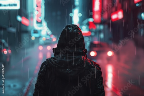 Person in a Black Hoodie Standing in the Rain at Night