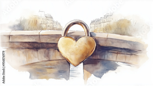 A heart-shaped padlock symbolizing love, attached to a bridge, set against a picturesque backdrop of serene waters.