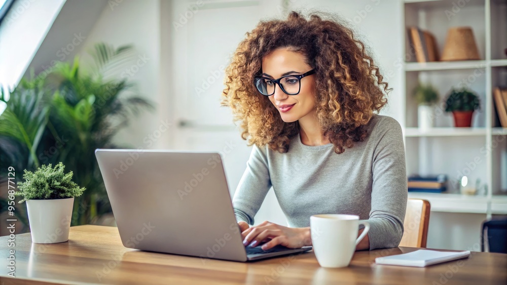 Fototapeta premium Attractive young adult female with stylish eyeglasses and curly brown hair working on a laptop at a modern minimalist desk with a cup of coffee nearby.