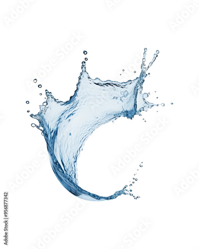 Water splashes with droplets, swirling and flowing on a white background. Suitable for refreshing, clean, or water themed designs with a dynamic touch