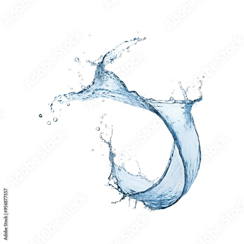Water splashes with droplets, swirling and flowing on a white background. Suitable for refreshing, clean, or water themed designs with a dynamic touch