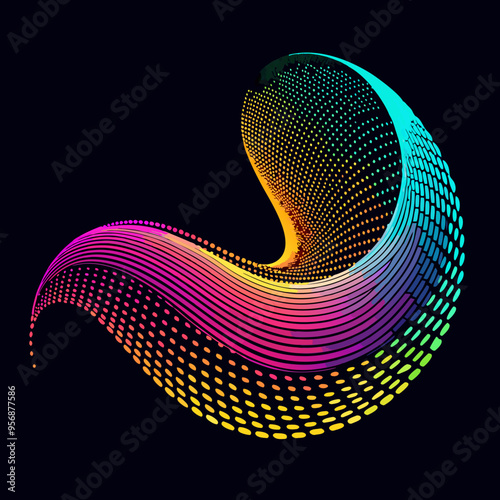 fluid wave of particles arranged in a 3D curve, creating a halftone gradient that transitions smoothly