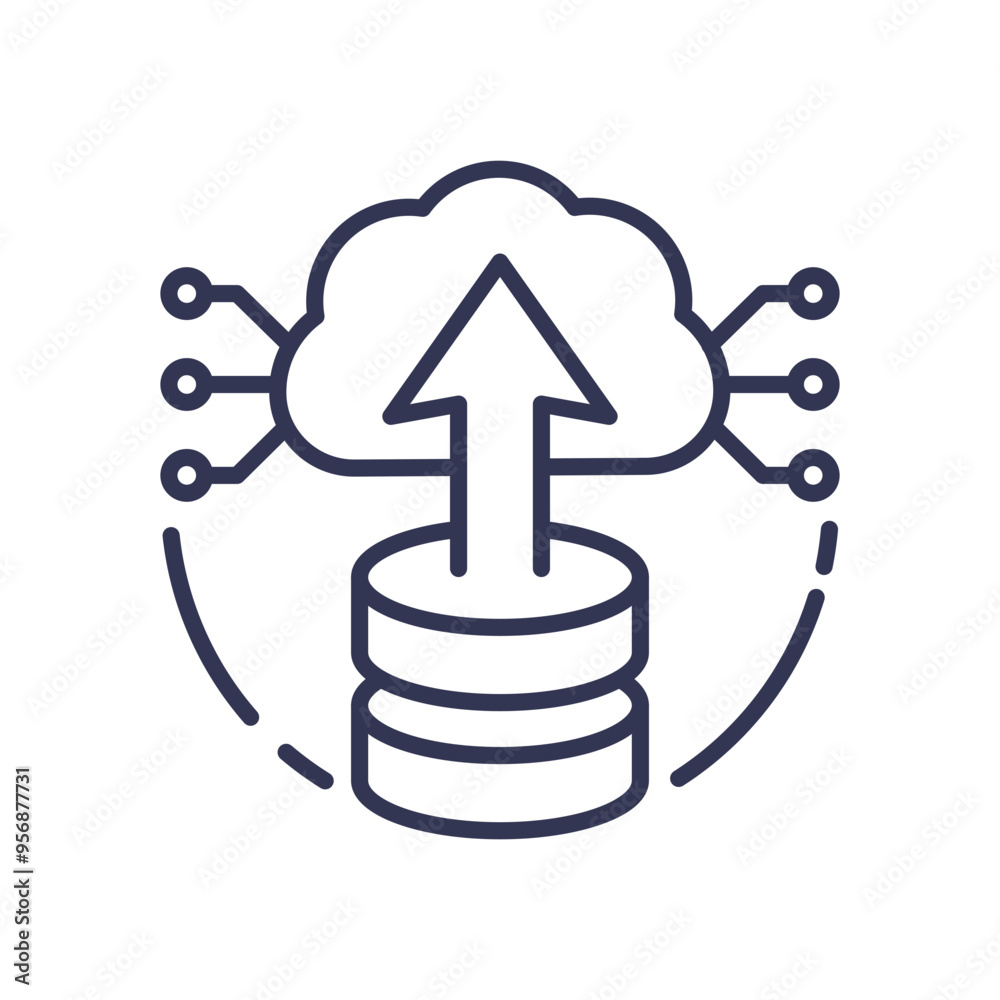 Cloud computing and data storage icon representing scalability with a cloud, database, and upward arrow. Cloud computing and data storage icon representing scalability with a cloud, database, and upward arrow.
