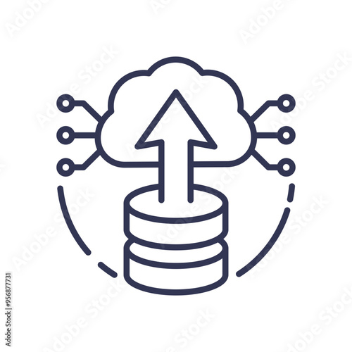 Cloud computing and data storage icon representing scalability with a cloud, database, and upward arrow.