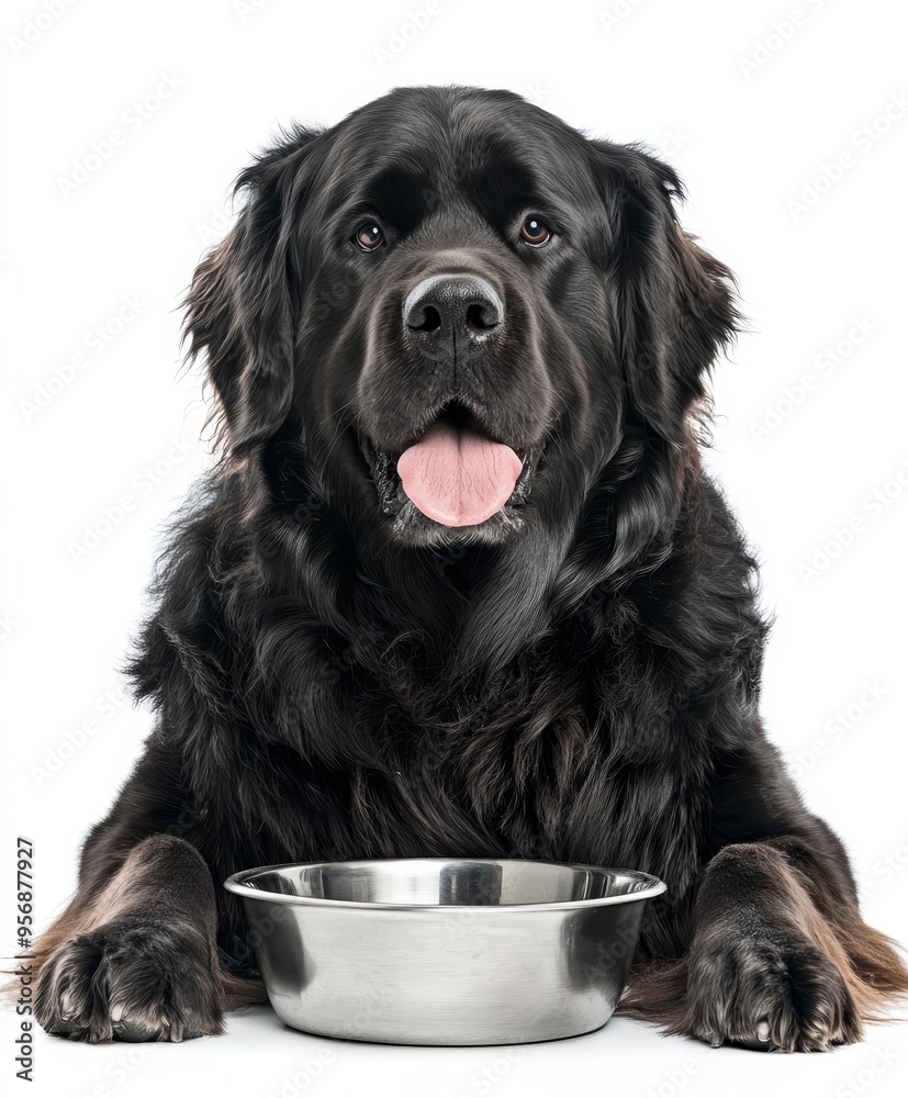 Newfoundland dog breed with a gentle expression sits in front of an empty pet bowl Newfoundland dog breed with a gentle expression sits in front of an empty pet bowl
