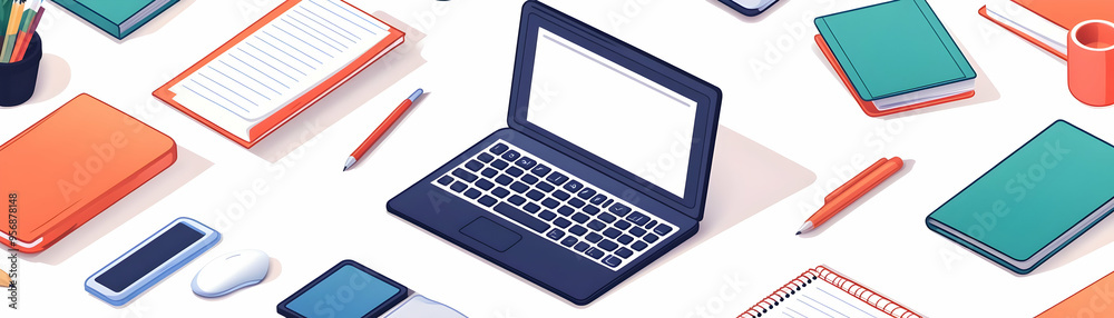 Online Teaching Tools Isolated Vector Set concept as A vector set of isolated icons representing online teaching tools including a laptop whiteboard and tablet on a white background. Ideal for use in Online Teaching Tools Isolated Vector Set concept as A vector set of isolated icons representing online teaching tools including a laptop whiteboard and tablet on a white background. Ideal for use in