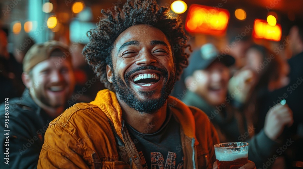 A Man Laughs Joyfully While Holding a Glass of Beer - Laughing A Man Laughs Joyfully While Holding a Glass of Beer - Laughing