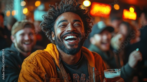 A Man Laughs Joyfully While Holding a Glass of Beer - Laughing