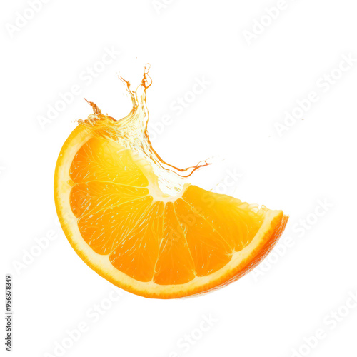 Fresh orange slice and juice splash on white background. Perfect for food and beverage advertisements, summer themed designs, and health articles photo