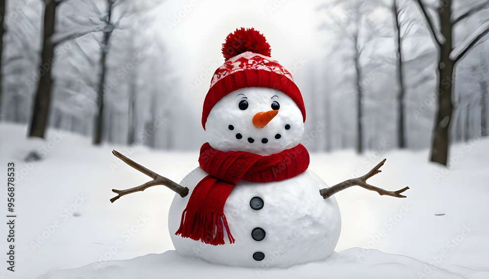 Obraz premium Snowman with Red Hat in Winter Snowfall - Festive Holiday Scene
