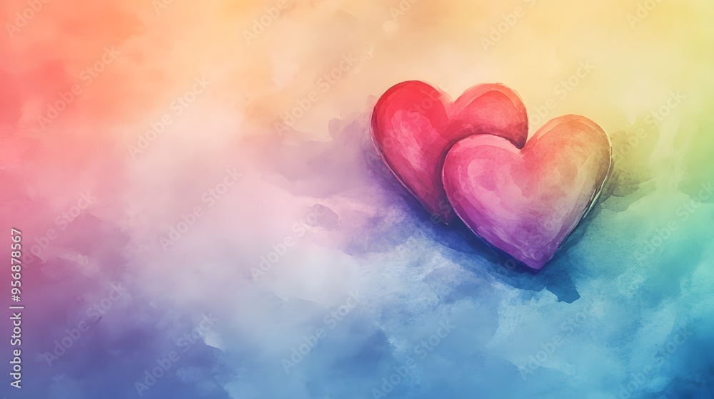 Two hearts on a watercolor background with rainbow colors. Love concept for Valentine's Day, weddings, or other events. Two hearts on a watercolor background with rainbow colors. Love concept for Valentine's Day, weddings, or other events.