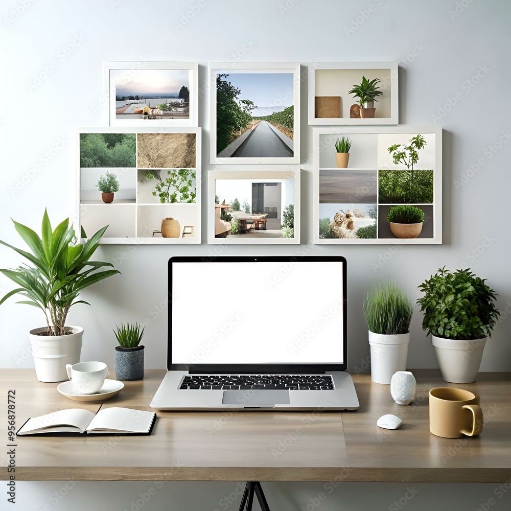 A stylish modern home office setup with a laptop. plants. and a gallery wall of framed pictures. A stylish modern home office setup with a laptop. plants. and a gallery wall of framed pictures.