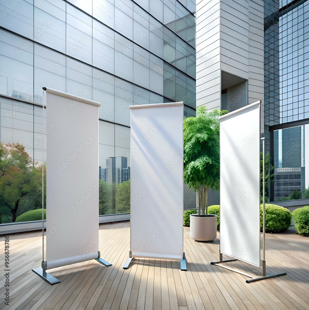 Three blank roll up banners on a modern city terrace. perfect for showcasing your brand or message in an urban setting. Three blank roll up banners on a modern city terrace. perfect for showcasing your brand or message in an urban setting.