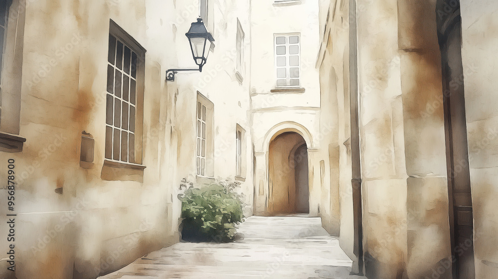 Fototapeta premium Charming narrow alleyway with vintage lamp and soft greenery in a picturesque urban setting, perfect for travel and architecture themes.