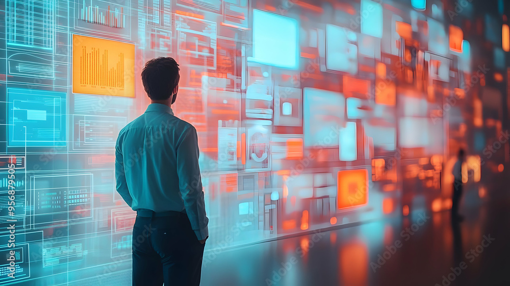 ภาพประกอบสต็อก Product manager reviewing designs in a glossy virtual ...