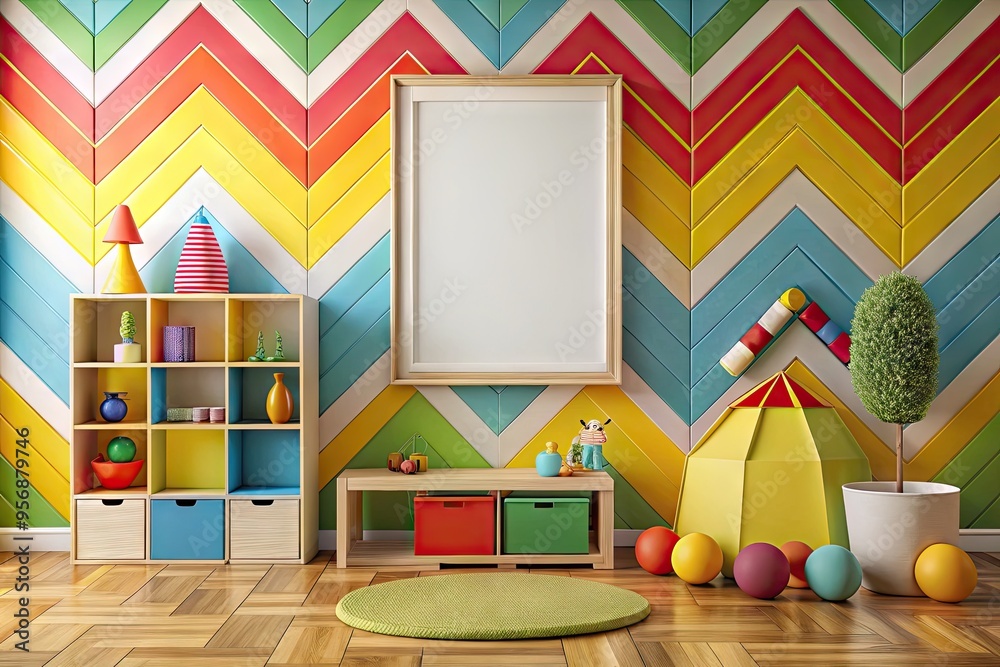 Bold graphic frame kids room mockup design with bright geometric shapes Bold graphic frame kids room mockup design with bright geometric shapes