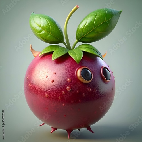 A charming 3D illustration of a jostaberry with cute. expressive eyes and spiky legs. photo