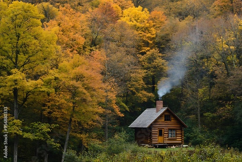 A small wooden cabin sits cozily in an autumn forest, with vibrant fall foliage. A wisp of smoke rises from the chimney, evoking warmth and tranquility. photo