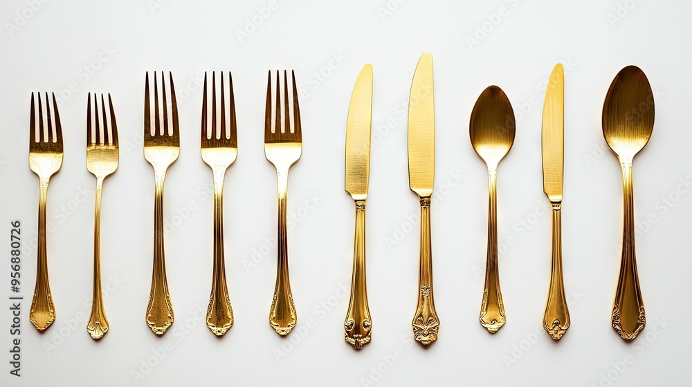Elegant gold knives and forks laid symmetrically on a white background. The luxurious cutlery radiates sophistication, perfect for high-end dining experiences. Elegant gold knives and forks laid symmetrically on a white background. The luxurious cutlery radiates sophistication, perfect for high-end dining experiences.