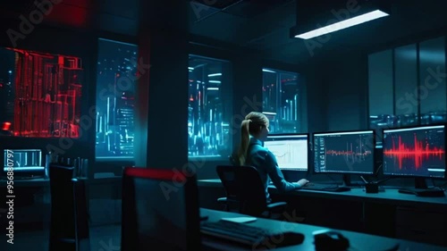 A young woman sits at a desk in a dark room, working on multiple computer screens illuminated by blue and red light.