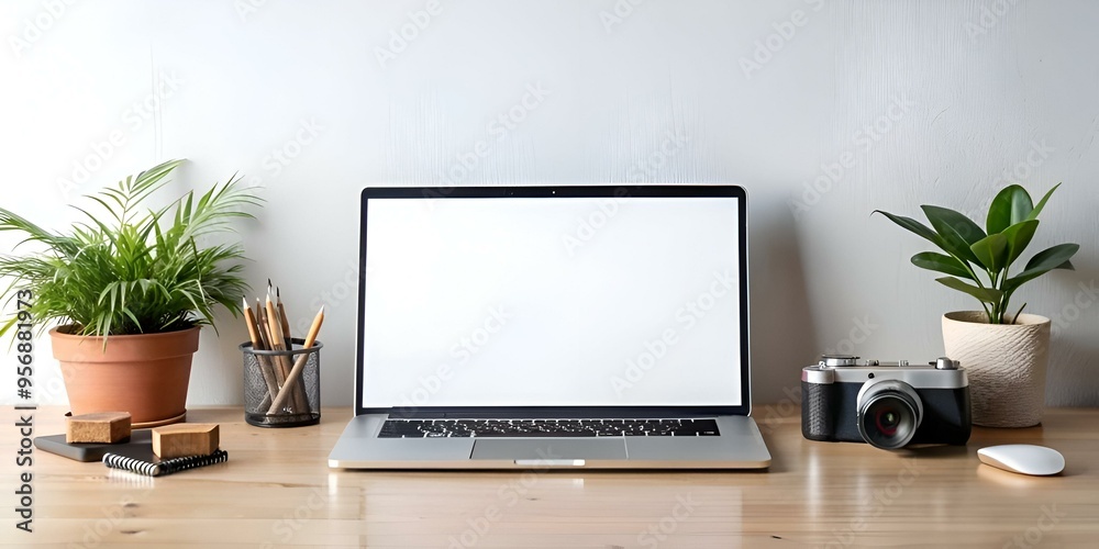 Minimalist workspace with a laptop. camera. and plants. Minimalist workspace with a laptop. camera. and plants.