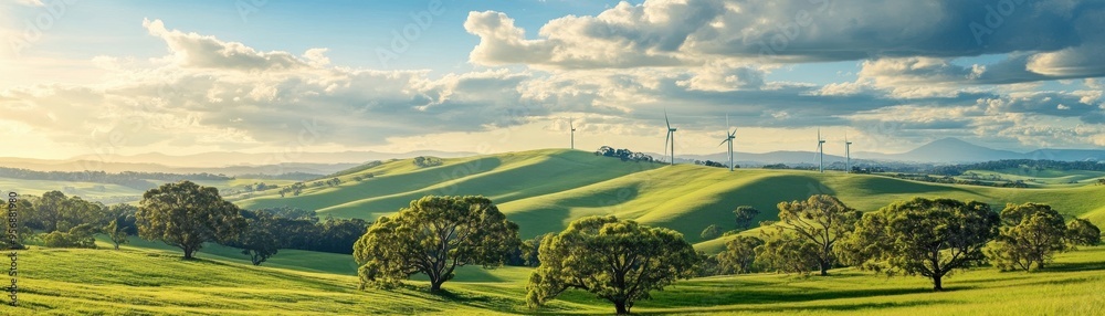 Obraz premium Breathtaking landscape featuring rolling hills, vibrant greenery, and wind turbines under a stunning sky.