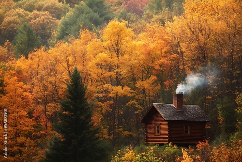 A small wooden cabin sits cozily in an autumn forest, with vibrant fall foliage. A wisp of smoke rises from the chimney, evoking warmth and tranquility. photo