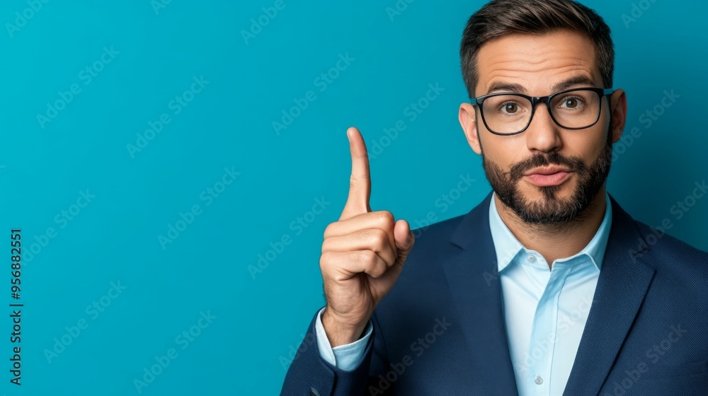 A confident man in glasses, raising one finger to make a point. A confident man in glasses, raising one finger to make a point.