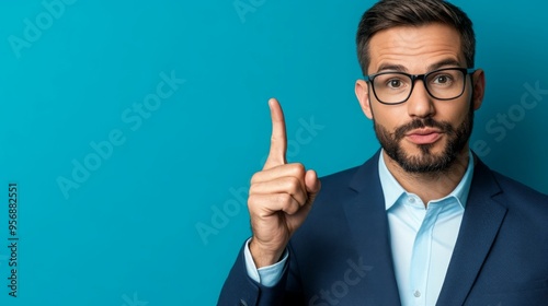 A confident man in glasses, raising one finger to make a point.