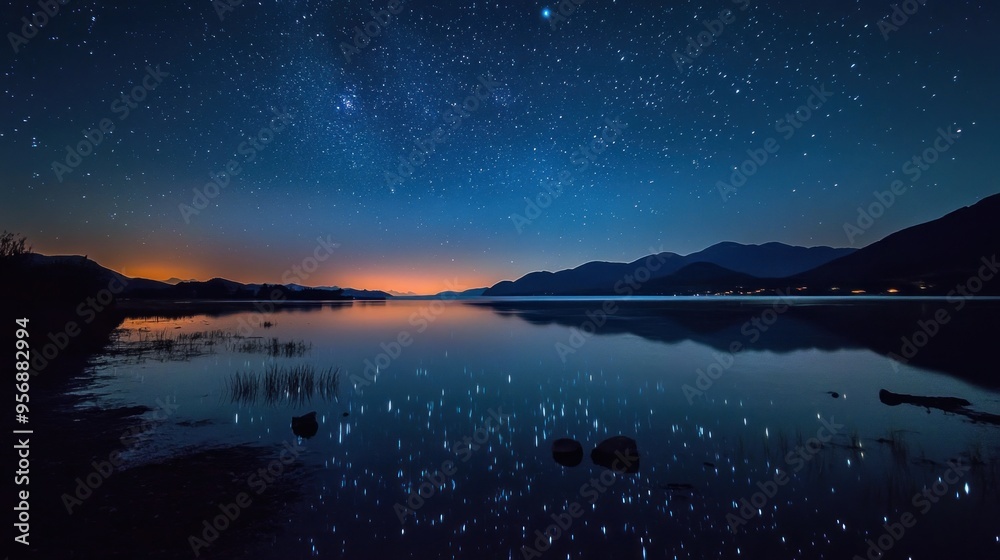A clear night sky filled with thousands of twinkling stars over a calm lake A clear night sky filled with thousands of twinkling stars over a calm lake