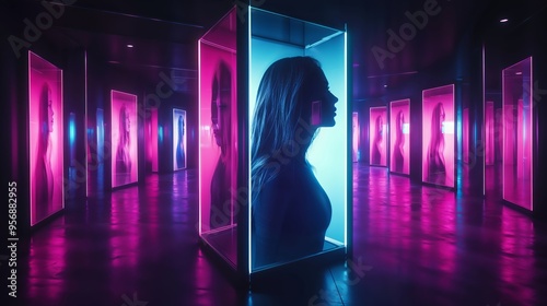 Silhouette of Woman in Neon Lit Futuristic Hallway