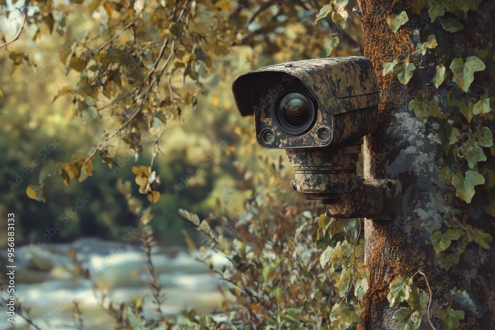 Camouflaged surveillance camera in a forest setting Camouflaged surveillance camera in a forest setting