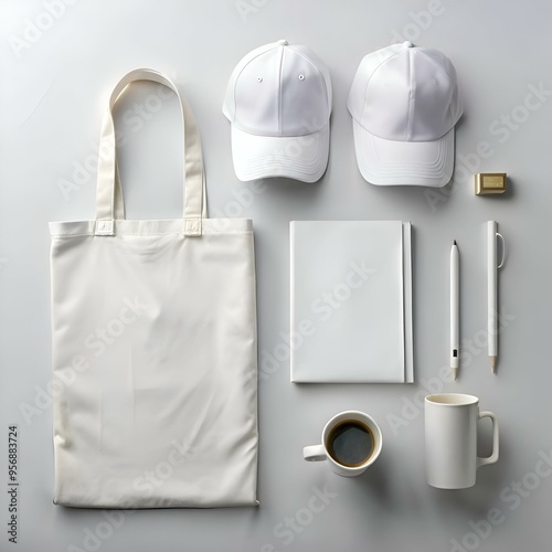 Clean and minimal mockup featuring a tote bag. caps. notebook. pencils. and a coffee mug   perfect for showcasing your brand's logo or design.