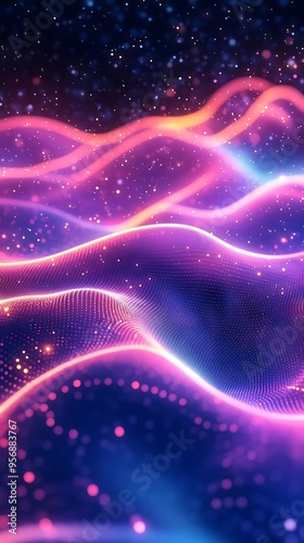 Abstract 3D Background with Pink and Blue Waves and Glowing Particles