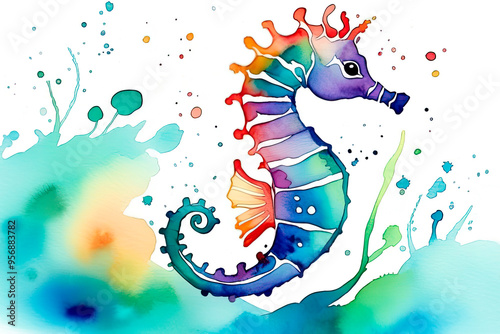Watercolor seahorse in watercolor spots and splashes. Creative and artistic image of sea wildlife. Suitable for various printed or digital materials