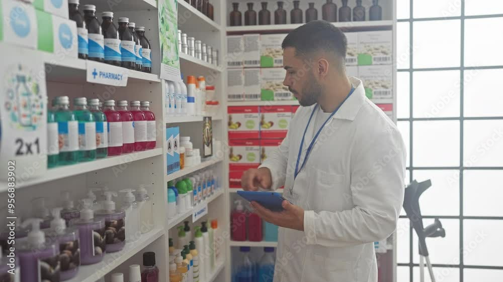 Hispanic pharmacist using tablet to manage stock inventory in a well-lit drugstore Hispanic pharmacist using tablet to manage stock inventory in a well-lit drugstore