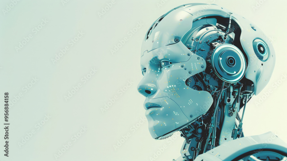Futuristic advanced robot head isolated on white background.