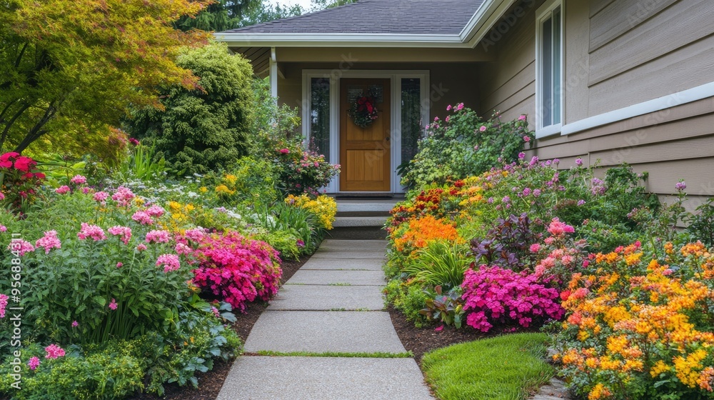Facade of a charming house with a vibrant front yard garden, colorful flowers, and a clean concrete walkway leading to the entrance. Perfect for home and garden themes. Facade of a charming house with a vibrant front yard garden, colorful flowers, and a clean concrete walkway leading to the entrance. Perfect for home and garden themes.