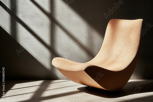 Stylish ergonomic chair with soft curves, illuminated by natural light, showcasing modern design in a minimalist setting. photo