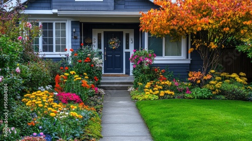 Facade of a charming house with a vibrant front yard garden, colorful flowers, and a clean concrete walkway leading to the entrance. Perfect for home and garden themes.